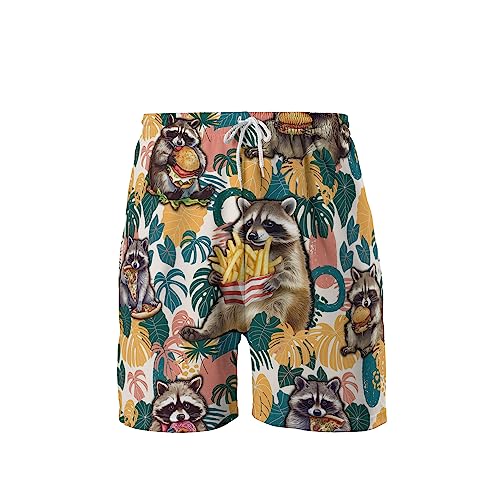 Racoon Mens Swim Trunks - Animal Hawaiian Mens Shorts - Summer Drawstring Beachwear Shorts Series 14
