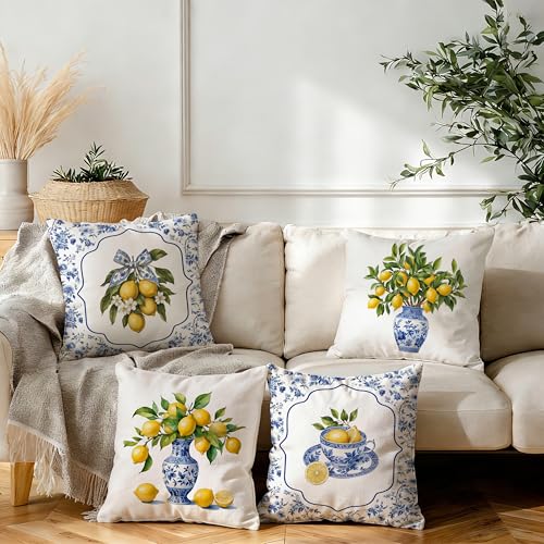 Image of Blue and White Chinoiserie Lemon Pillow Covers 18x18 Double-Sided Set of 4, Grandmillennial Amalfi Coast Citrus Decorative Throw Pillow Covers for Home Living Room Bedroom