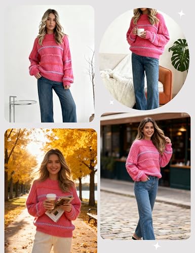 Image of QIBABU Womens Striped Sweaters Casual Lantern Sleeve Color Block Knit Pullover Sweater Tops