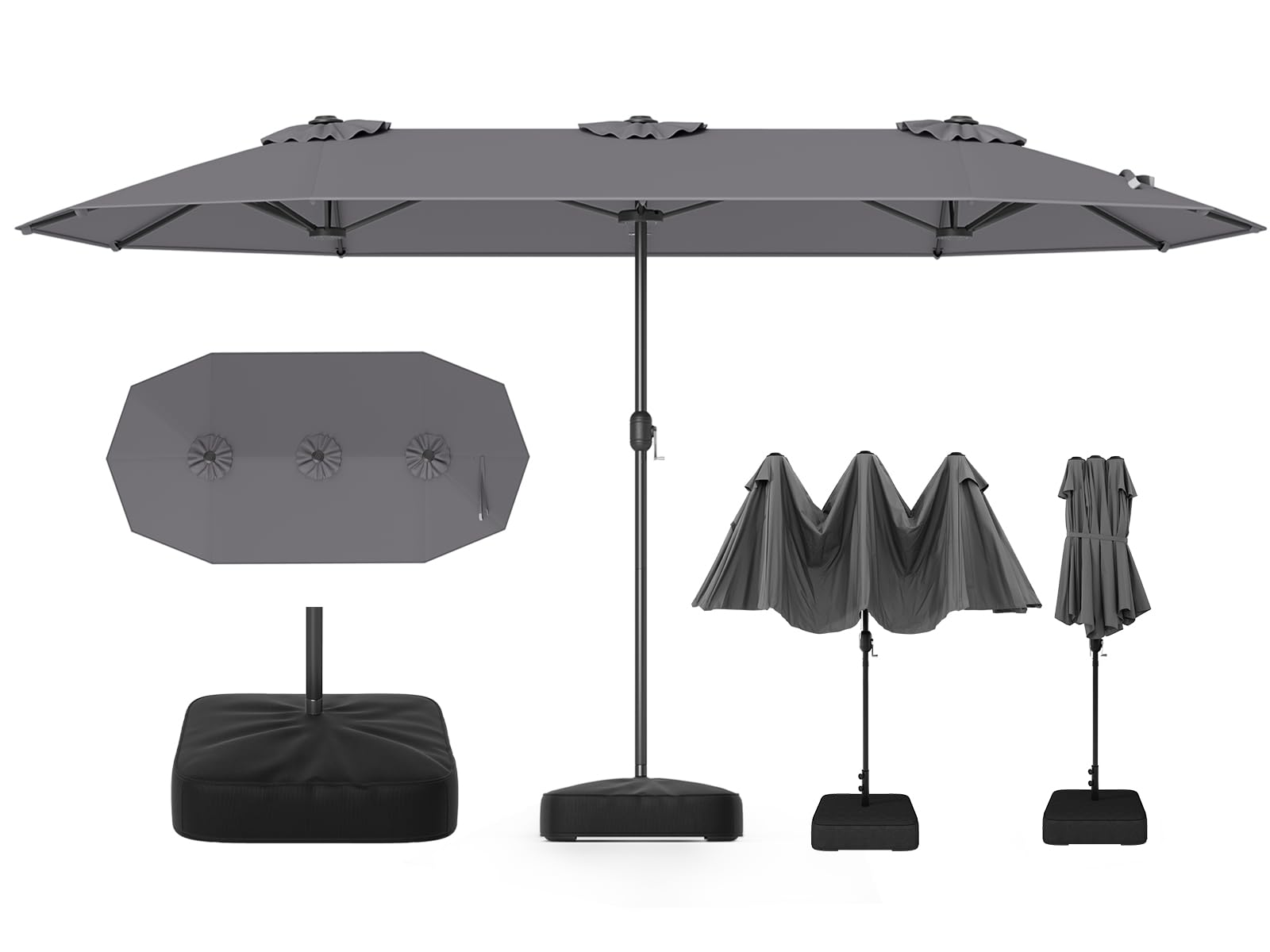 RELAX4LIFE Grand Parasol de Jardin Exterieur avec Pied, 4x2M Parasol Double pour Terrasse/Piscine/Marché, 12 Baleines Renforcées, Manivelle, Protection Solaire pour 6-8 Personnes (Gris)