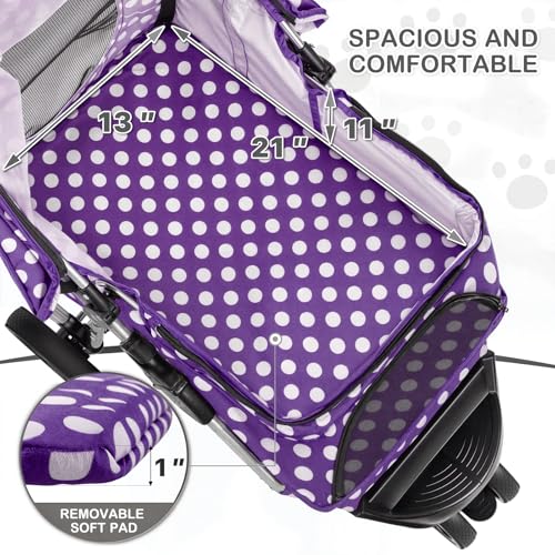 Image of MoNiBloom 3 Wheels Pet Dog Cat Stroller for Small Medium Dogs Cats, Foldable Jogger Stroller w /Storage Basket and Cup Holder, Purple Polka Dots