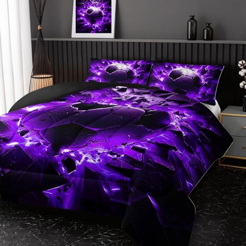 Image of Nttopship Soccer Bedding Comforter Set Full Size for Kids Teens and Adults, Purple and Black Football Printed Bedding Sets 3 PCS,Ball Sports Themed Bedroom Decor with 1 Comforter and 2 Pillowcases