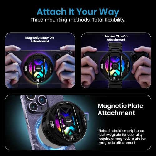 Image of PunnkFunnk Phone Cooler for Gaming, 5000 RPM 7-Blade Fan, RGB Light, Semiconductor Cooling Chip, Type-C Powered, LED Display, Clamp Mount Mobile Cooling Fan for Android & iOS (Black Lite)