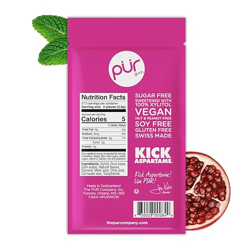 Image of PUR Gum | Aspartame Free Chewing Gum | 100% Xylitol | Natural Pomegranate Mint Flavored Gum, 55 Pieces (Pack of 12)