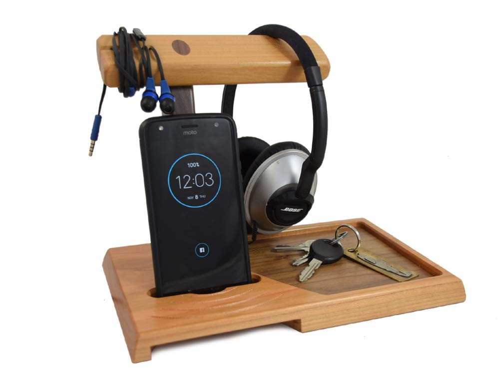 Modern Artisans American Cherry Wood Valet Tray with Headphone Stand and Acoustic Phone Amplifier-image-49