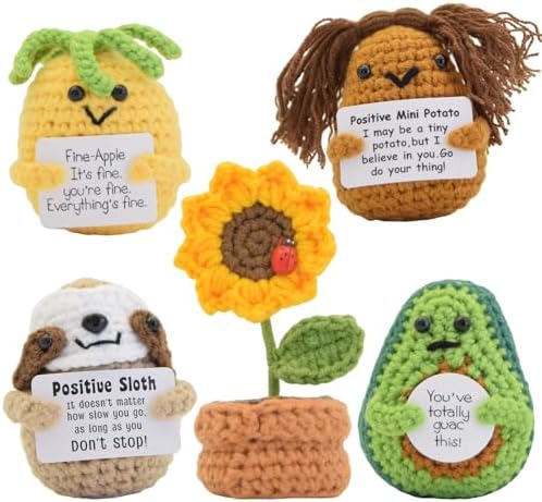 JoyChoi Positive Crochet Animals - Emotional Support Potato, Sloth, Avocado, Sunflower, Pineapple - Cute Handmade Gifts for Birthday, Christmas, Graduation & Mental Health Desk Decor for Women