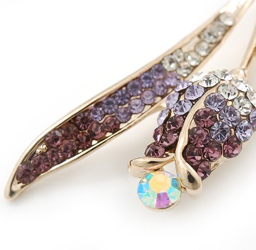 Gold Plated Purple/Clear Crystal 'Rose' Brooch - 55mm Length, white / ivory, gold, purple, violet - Image 5