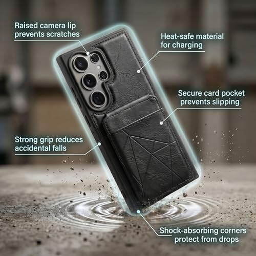 Image of amazon basics Premium Vegan Leather Back Cover with Card Holder and Integrated Mobile Stand for Samsung Galaxy S24 Ultra 5G - Slim Shockproof Wallet Case with Geometric Stitching [Black]