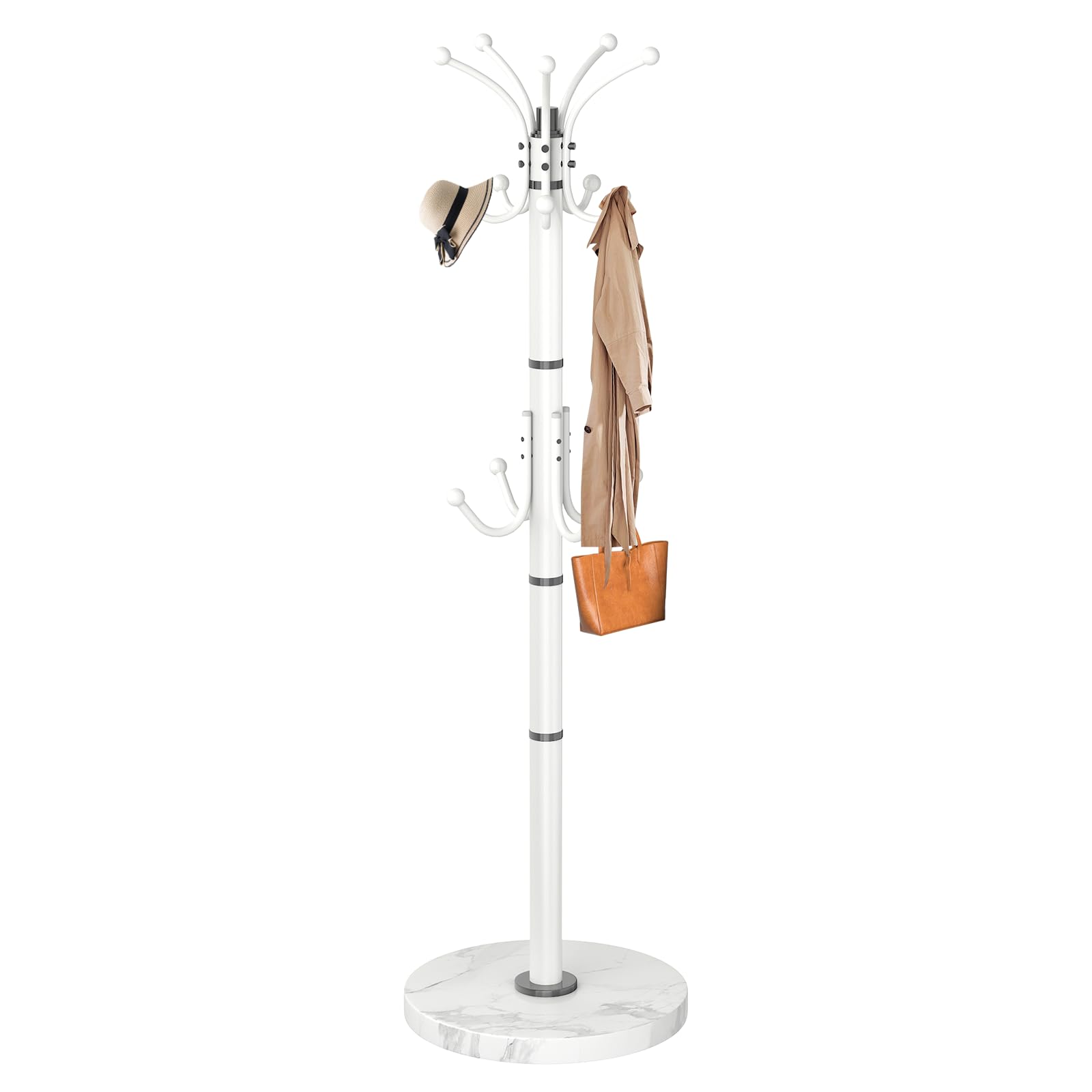 Snaikor Metal Coat Rack Stand with Natural Marble Base, Modern Coat Rack Freestanding, 360°Rotary Coat Racks with 14 Hooks, White Coat Stand Hall Tree Hanger Stand for Entryway, Office，Corner