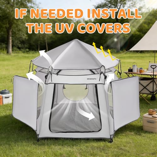 Image of Asweets 4 in 1 Pop Up Playpen Indoor and Outdoor Portable, Lightweight Baby Playpen with Travel Bag,Baby Beach Tent and Play Toddler Play Yard Canopy(Grey)