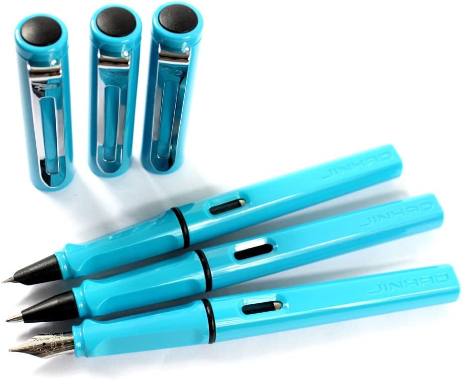 Stifte, Gelschreiber, Kugelschreiber, 3 Stück Kunststoffstifte, 1 Stück Füllfederhalter, 1 Stück feine Feder und 1 Stück Tintenroller mit Stiftbox – Gelb (Farbe: Himmelblau)