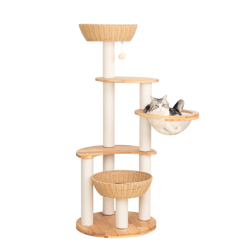 LULUCAT Modern Cat Tree for Large Cat, Wood Cat Tower Heavy Duty with Scratch Post for Indoor Big Cats (133cm (Natural Wood))