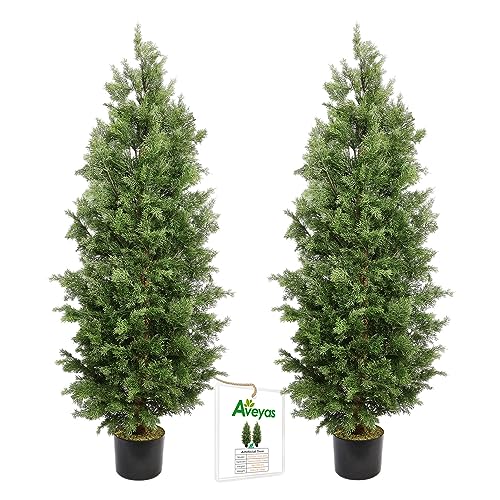 Image of Aveyas 5ft Artificial Cedar Topiary Trees for Outdoor Front Porch Door, 5 Feet Faux Potted Plants Evergreen Fake Pine Cypress Tree for Outside Home Decor (5 ft Tall) - Set of 2 Pack