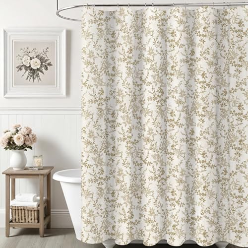 Ksriylm Duschvorhang aus Dichte Blüten aus Polyester-Leinen,W&erschöne Blumen Stil Dekorieren Vorhang Duschvorhänge,180x180cm Schickes Stoff Tuch Blumenblätter Duschvorhang mit 12 Ringe,Braun