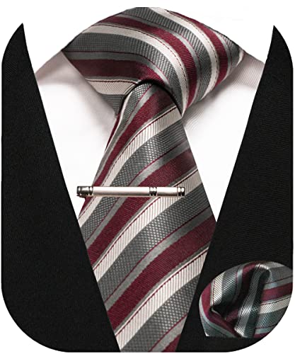 Image of RBOCOTT Silk Stripe Plaid Tie and Pocket Square with Tie Clip Sets for Men