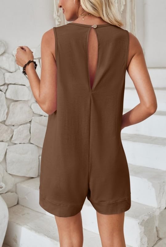 Haibang Mono Mujer Verano Corto Sin Mangas Cuello Redondo Peto Mujer Verano Casual Sueltos Jumpsuit Elegante Monos de Mujer Cortos Una Pieza Mono Pantalon con Bolsillos Informal Playa Playsuit