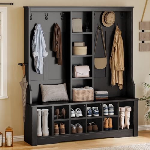 DWVO 59" Wide Hall Tree with Bench and Storage for Hallway Entryway, 10 Shoe Cubbies & 10 Coat Hooks, 4-Tier of Center Storage Open Cabinets, Coat Rack with Space for Bedchamber Living Room (Black)