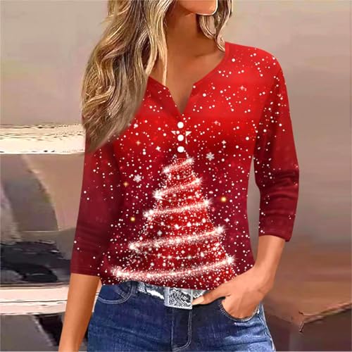 Image of Women Christmas Shirt 3 /4 Length Sleeve Henley Tops Xmas Outfits