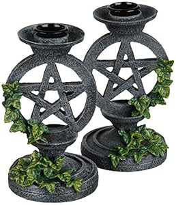 20cm 2er Set Pentagramm Kerzenhalter mit Efeu, Gothic Wicca Hexen Deko | Kerzenständer