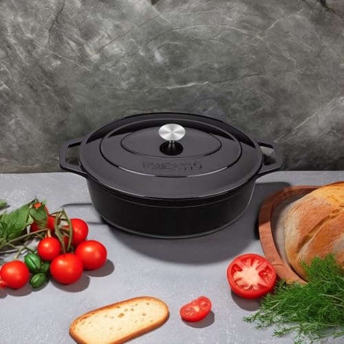Image of vancasso 9.3 Qt Oval Enameled Cast Iron Dutch Oven with Lid, Black | Bread baking, roasting, braising, self-basting lid, oven to 500F on gas, induction, ceramic, non-toxic enamel, family size.