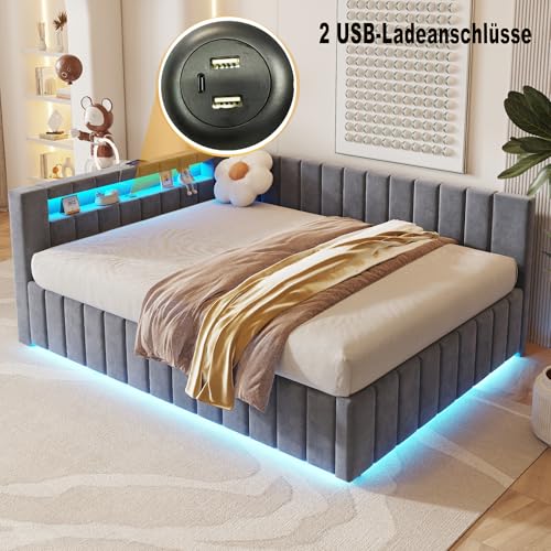 RIAZOS Polsterbett Schlafsofa 140x200, Doppelbett mit Hydraulischem Stauraum, mit LED-Licht und USB-Ladefunktion, Tagesbett Jugendbett mit Lattenrost, Samtstoff, ohne Matratze, Grau