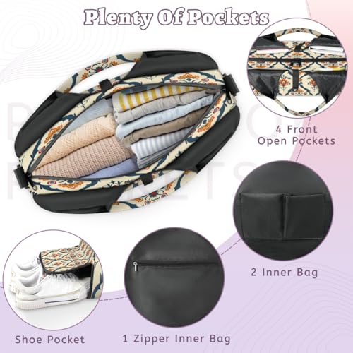 Yoga Bag for Women，Waterproof Polyester Gym Bag Detachable Strap,Shoe Pocket，Double Zipper,Beige Crushed Flower Duffel Bags3