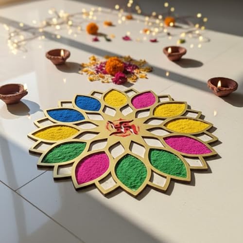 Image of TOTA Rangoli Stencils - 6x6 inch Set of 4 MDF Rangoli Colour Stencils | Reusable 3D Rangoli Mats for Diwali Home Decoration Navratri Pongal Onam Chhat Puja