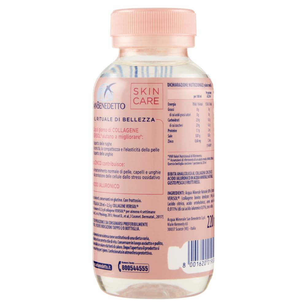 San Benedetto SKINCARE, Agua mineral natural con colágeno, zinc y ácido hialurónico, agua con sabor a melocotón y frutos rojos, 48 x 22 cl + polpa italiana gourmet 400 g