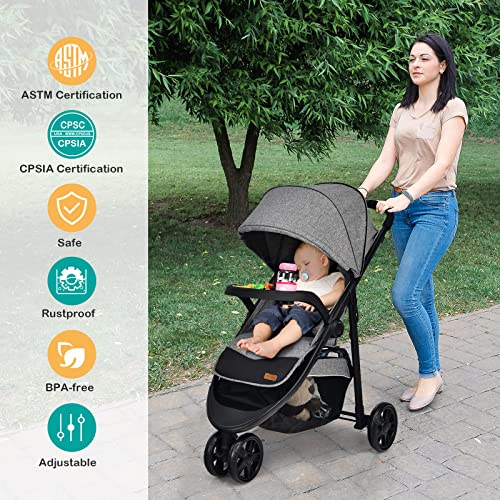 Baby Joy Jogging Stroller, Jogger Travel System With 5-Point Safety Harness, Adjustable Canopy/Backrest/Footrest, Storage Basket & Pocket, Lightweight Baby Stroller For Newborn Toddlers (Gray) #TOP6
