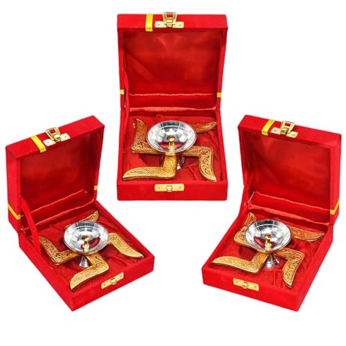 Image of Saugat Traders Diwali Bulk Corporate Gift for Clients - Pack of 3 Swastik Diya with Velvet Gift Box for Employees, Office Staff, Family, Colleagues - New Year Housewarming Spiritual Return Gifts