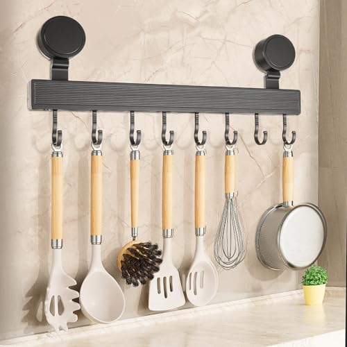 TYBYBB Barre de Cuisine Ustensile Sans Perçage avec Ventouse, Support Ustensiles Cuisine 40cm avec 8 Crochets, Accroche Ustensiles de Cuisine en Aluminium pour Cuisine, Salle de Bain, Chambre