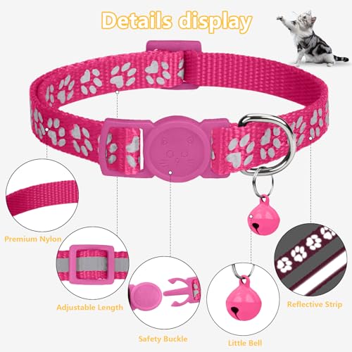 Image of Taglory Reflective Cat Collar Breakaway with Bell, High Visibility Night Strip, Lightweight Adjustable Nylon Collar for Boy Girl Cats, 2 Pack, 7.5-12.5 Inch, Hotpink