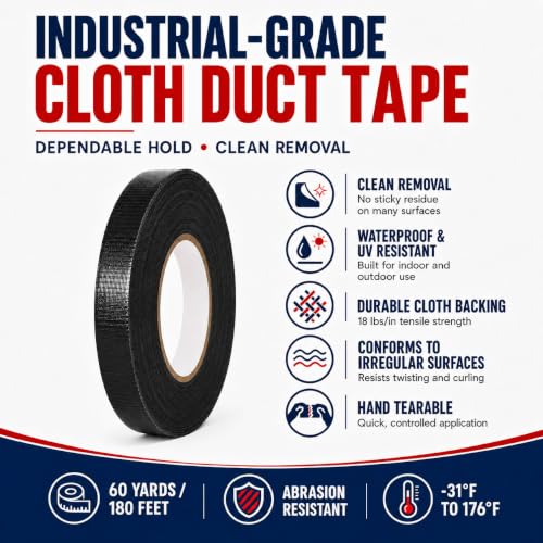 Image of GGR Supplies CDT-36 Industrial Grade Cloth Duct Tape, Black 1 Inch x 60 Yards, Waterproof UV Resistant Heavy Duty, Clean Removal with No Sticky Residue for Repairs, Packaging, and Bundling