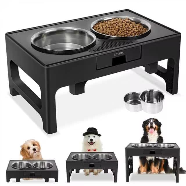 Elevated Dog Bowls, Stainless Steel Raised Bowl with Adjustable Stand, Double Food and Water for Medium Large Dogs or Cat, 3 Heights 3.9”, 7.8”, 11.8” (Black)