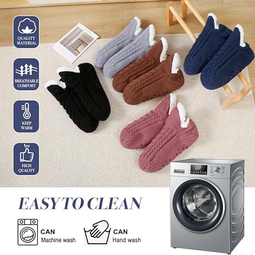 Image of Women Knitted Slipper Socks Winter Sherpa Plush Sock Slipper Non-Slip Fleece Fuzzy Indoor Socks With Grippers