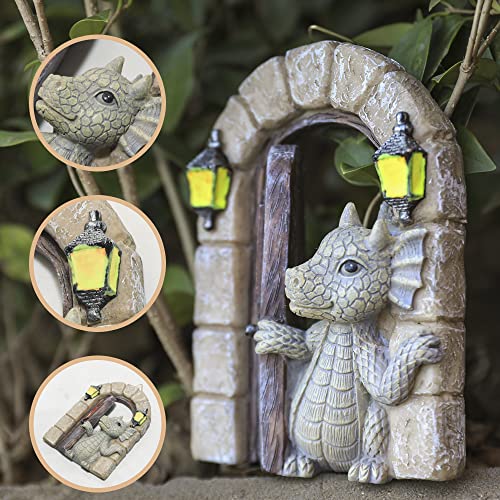 Dragon Garden Ornament Resin Craft Ornament Statue Fairy Door For Wall Fairy Door Yard Art Outdoor And Garden Solar Light Luminous Sand Open Door Dragon Wall Statue Outdoors Decor (Open The Door) #TOP1