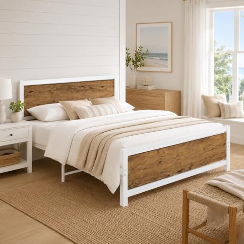 Image of Catrimown Queen Bed Frame with Headboard, Queen Metal Platform Bed Frame with Steel Slat Support, 10.5 in Under Bed Storage, No Box Spring Needed, Easy Assembly, White Brown