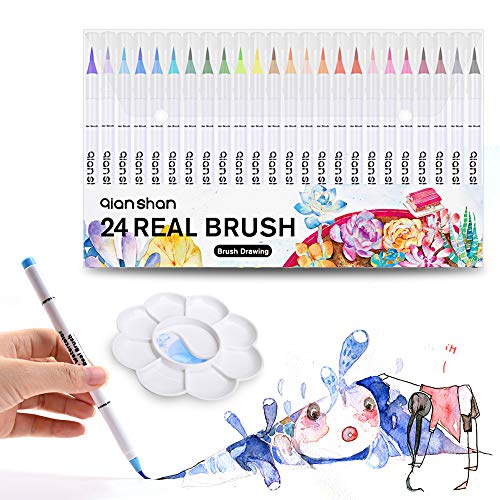 Real Brush Markers with Palette, Professional Watercolor Brush Pens 24 Colors Soft Flexible Brush Tips for Adult Coloring Books Painting Drawing Manga sketching Calligraphy Writing qianshan