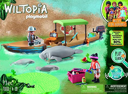 Playmobil 71010 Pirogue et lamantins Wiltopia - Carte d'animaux à Collectionner - Gamme Wiltopia avec Plus de 80% de matériaux recyclés ou biosourcés en Moyenne - Dès 4 Ans