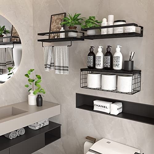 Floating Shelves With Storage Basket, Bathroom Shelves Over Toilet Paper Holder Storage Shelves, Wall Mounted Rustic Wood Shelves For Bathroom, Bedroom, Living Room, Kitchen(Black, Set Of 3) #TOP6