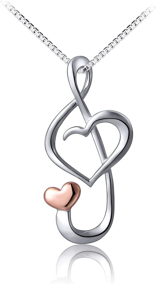 FlyowMusical Note Heart Pendant Necklace Jewellery for Women Girls S925 Sterling Silver, Sturdy Box Chain 18 inches with Gift Box