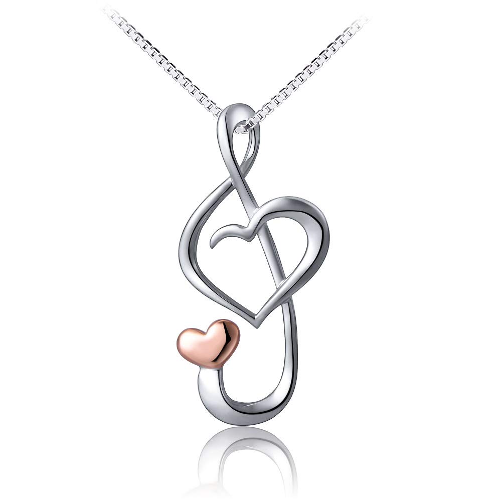 FlyowMusical Note Heart Pendant Necklace Jewellery for Women Girls S925 Sterling Silver, Sturdy Box Chain 18 inches with Gift Box