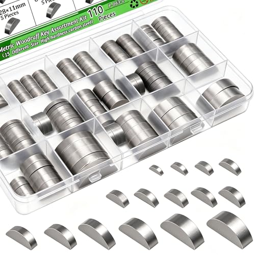 Ruibapa 110PCS Metric Woodruff Key Assortment Kit, 15 Sizes Carbon Steel Woodruff-key Kit Woodruff Key-Crankshaft-Keyway Shaft Feather Key for Fastening Connection