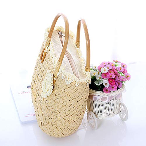 BYKOINE Linda bolsa de mão pequena de palha requintada bolsa de praia com capas de flores (branca),
