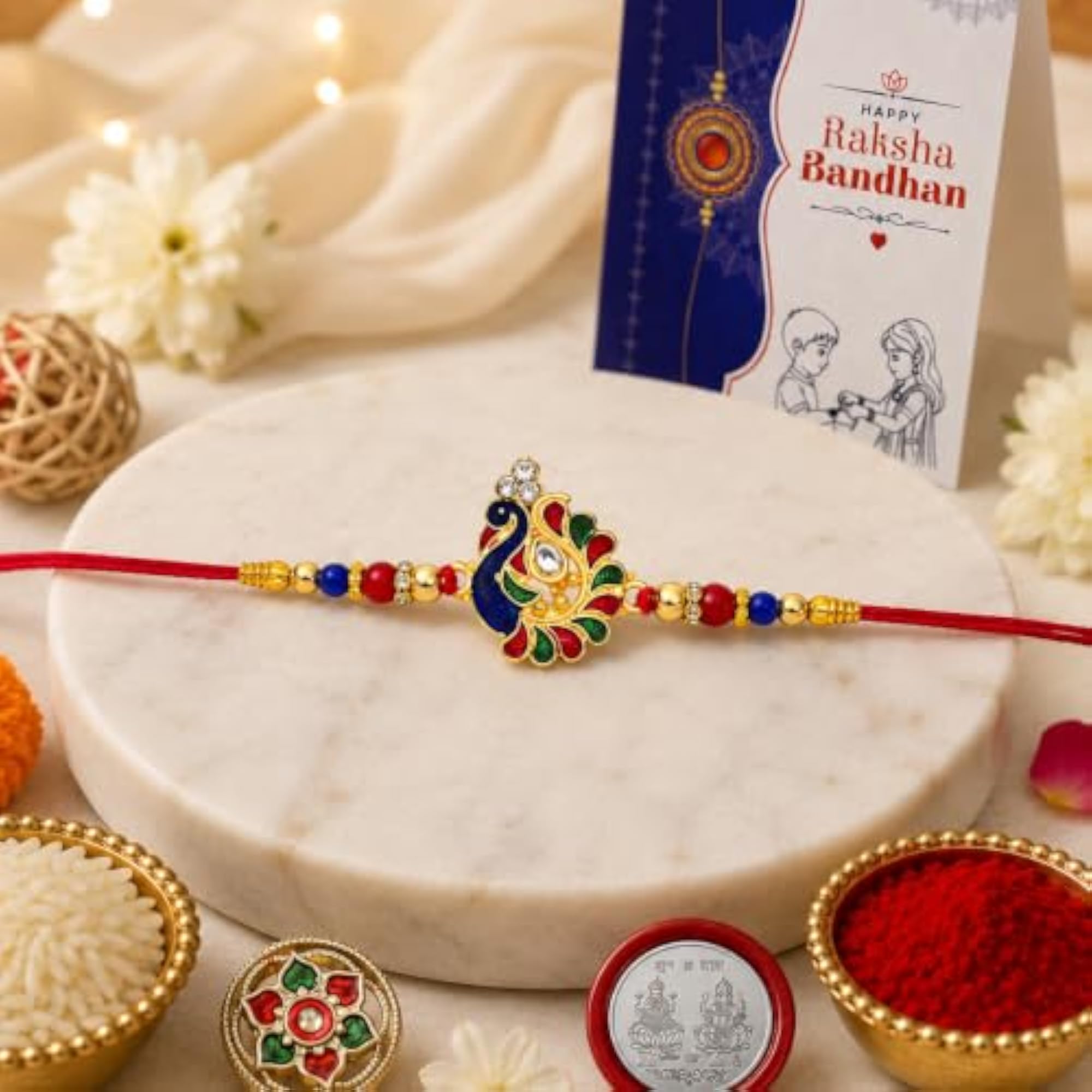 Stylish Peacock Rakhi for Brother with Pooja Thali