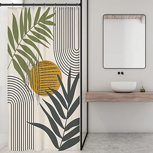Image of Riyidecor Abstract Leaves Shower Curtain Mid Century Boho Sun Geometric Vintage Simple Modern Plant Minimalist Curve 36Wx72H Inch Aesthetic Fabric Decor Bathroom Polyester Waterproof 7 Pack Hooks
