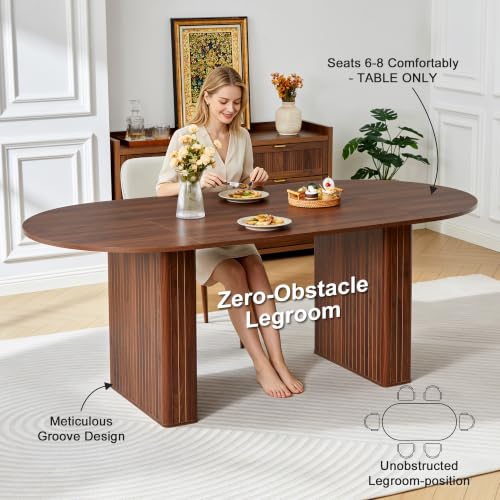 Image of weselon 78.7 inch Oval Dining Table for 6-8 People, Large Kitchen Dining Table with Fluted Pedestal Base, Modern Minimalist Dining Room Table with 3-Piece Tabletop, Walnut (Chairs Not Included)