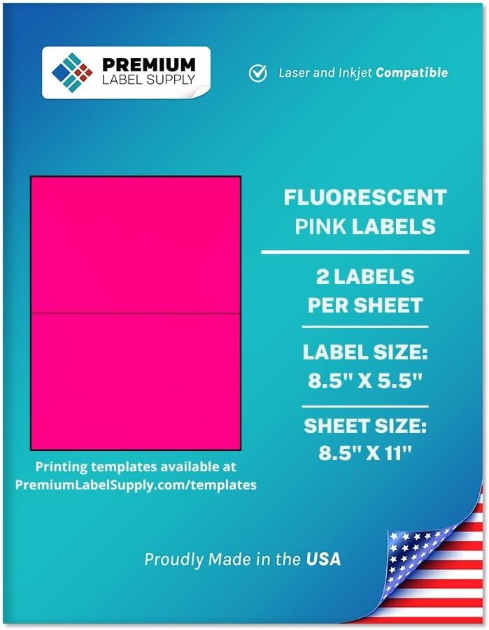 Premium Label Supply Bright Neon Color Fluorescent Sticker Labels - 8.5" x 5.5" Half Sheet Labels - (Assorted Fluorescent, 200 Labels)