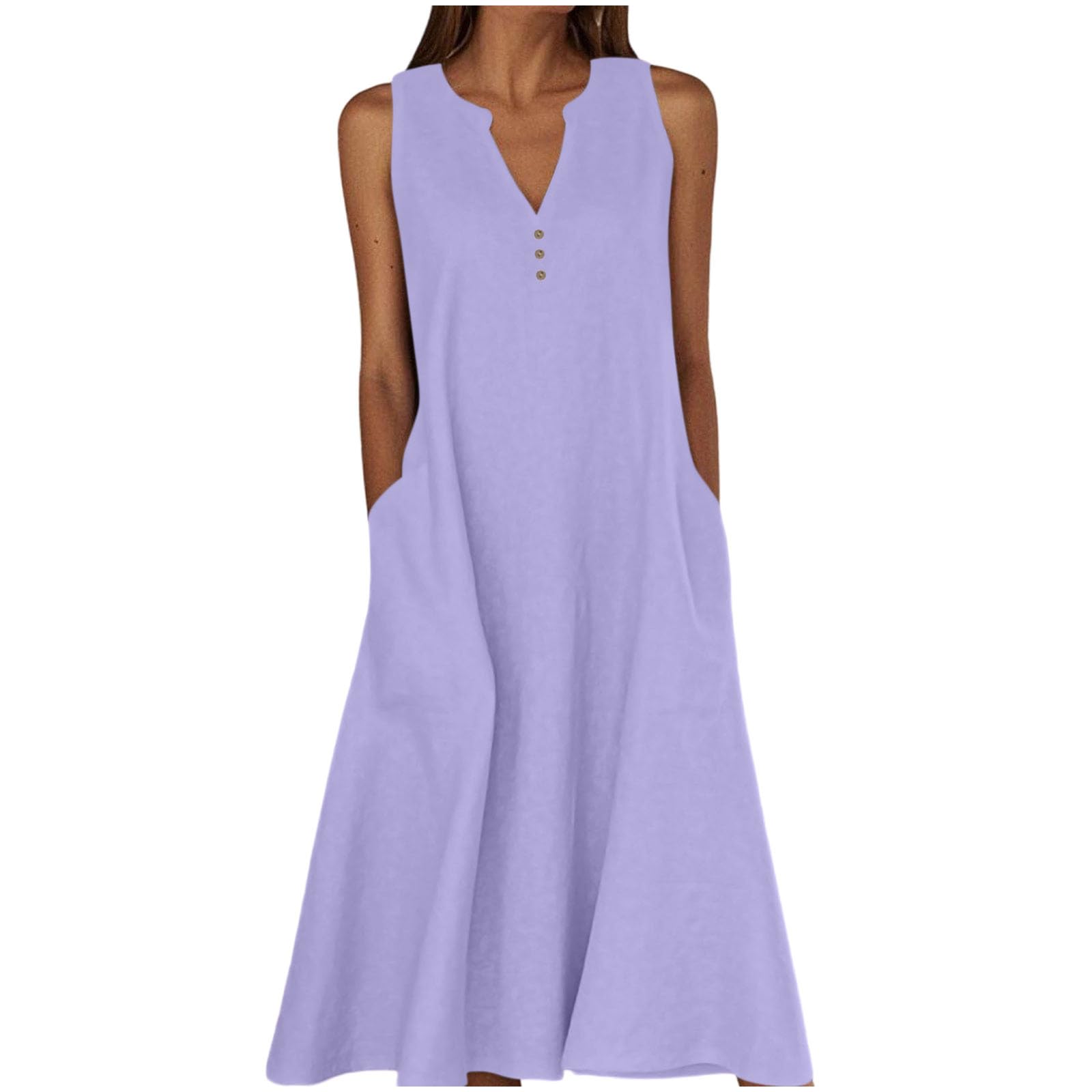 Sommerkleid Damen Lang,Ärmellose Maxikleid V-Ausschnitt Tankkleid Strandkleider Hohe Taille Lange Lockere Knielang Kleid Elastischer Taille Basic Solide Freizeitkleid T Shirt Tunikakleid mit Taschen
