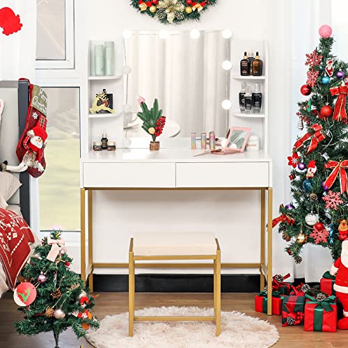 USIKEY Makeup vanity Desk with 10 LED Lights & 2 Drawers, Dressing Table with 6 Storage Shelves, Vanity Set with Cushioned Stool, Mirror and Lights for Women,Girls, Gold-White